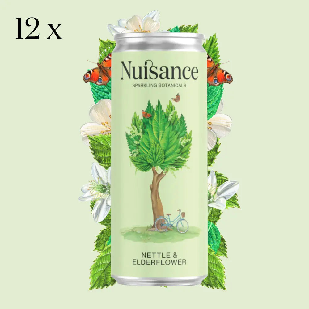 Natural, low-calorie, low-sugar premium Nettle & Elderflower botanical soft drink from Nuisance drinks.