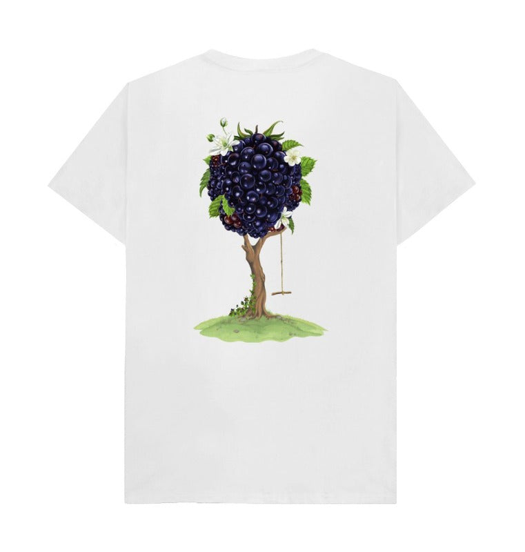 Image of the back face of Nuisance Bramble  T-shirt in white colour with the artwork from the Nuisance premium bramble and rosemary botanical drink.