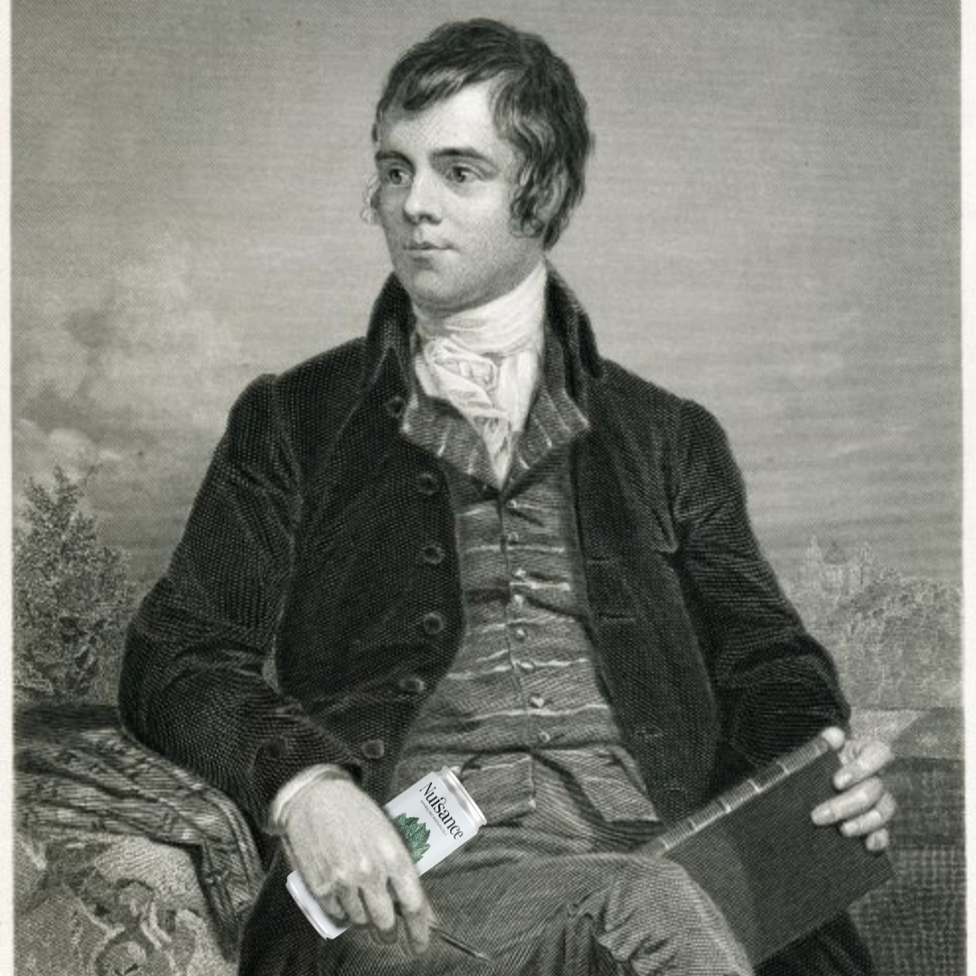 Photographed image of Scottish poet Robert Burns with a can of Low calorie Nuisance premium botanical soft drink.
