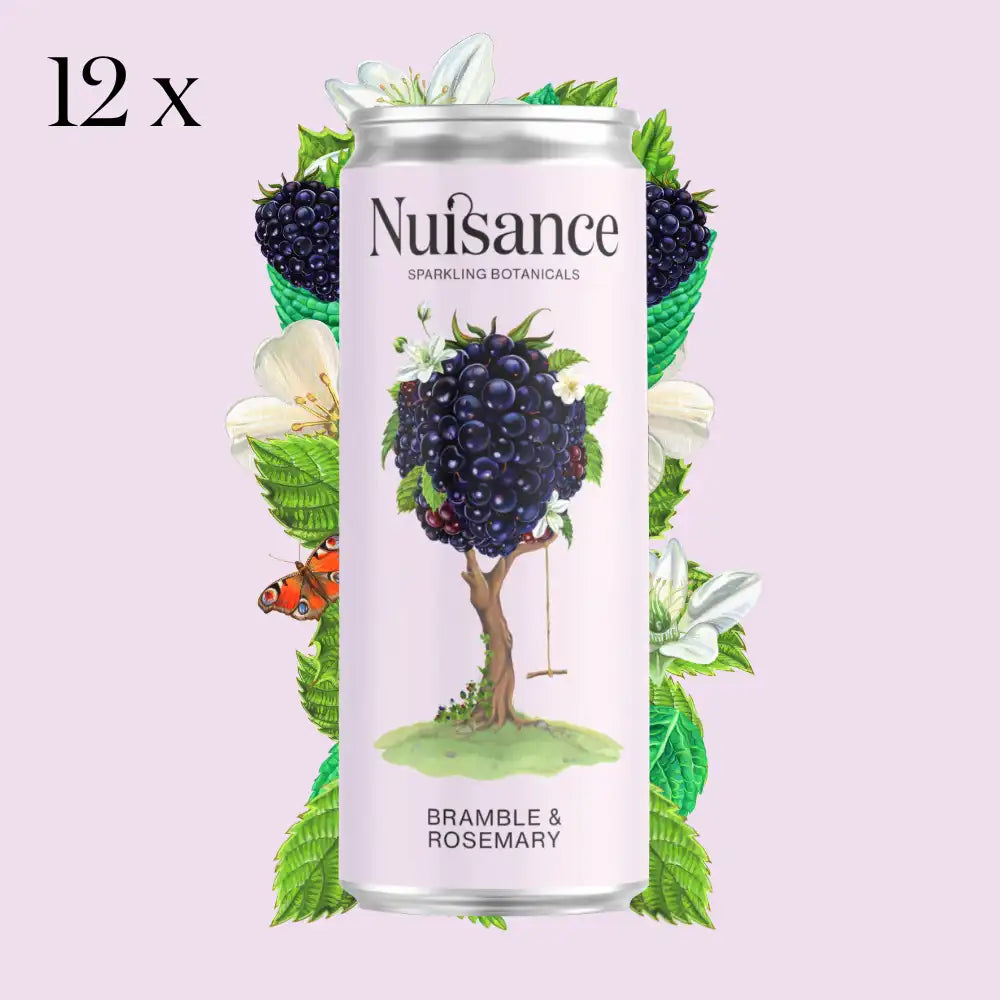 Natural, low-calorie, low-sugar premium Bramble & Rosemary botanical soft drink from Nuisance drinks.