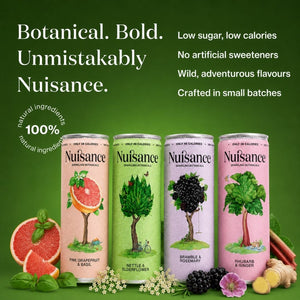 four nuisance sparkling botanical cans on a green background 