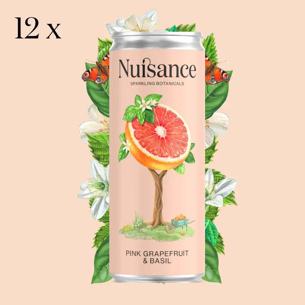 Natural, low-calorie, low-sugar premium Pink Grapefruit & Basil botanical soft drink from Nuisance drinks.