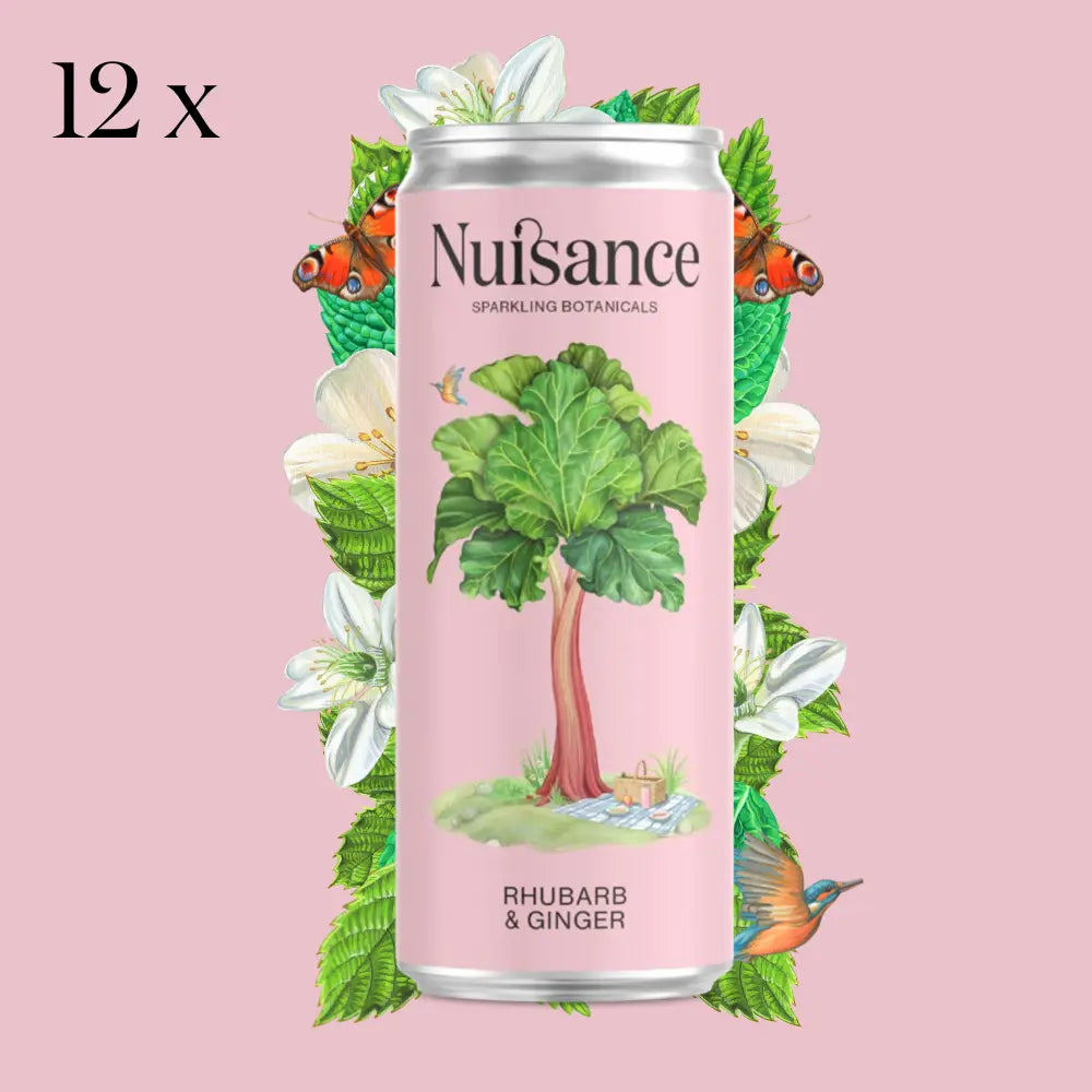 Natural, low-calorie, low-sugar premium Rhubarb & Ginger botanical soft drink from Nuisance drinks.