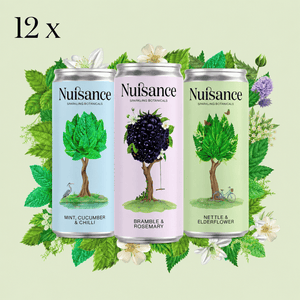 Three Nuisance sparkling botanical cans with tree illustrations on a green background