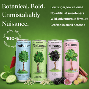 nuisance drinks cans on a green background 