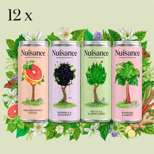 12 nuisance drinks cans on a green background 