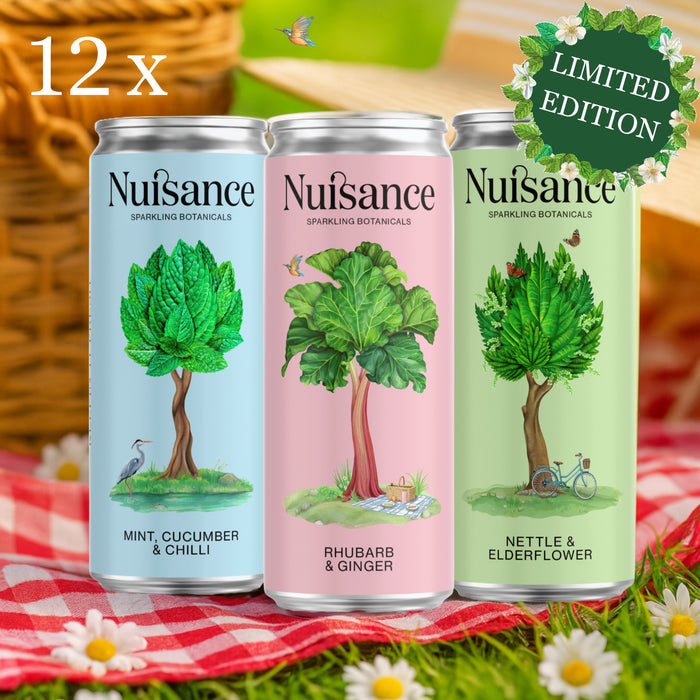 Three Nuisance sparkling botanical cans on a grassy background with a 'Limited Edition' label.