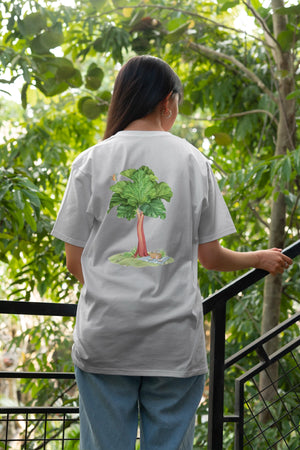 woman wearing nuisance drinks t-shirt with rhubarb tree illustration