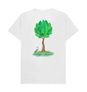 Image of the back face of Nuisance Mint  T-shirt in white colour with the artwork from the Nuisance premium mint,cucumber and chilli botanical drink.