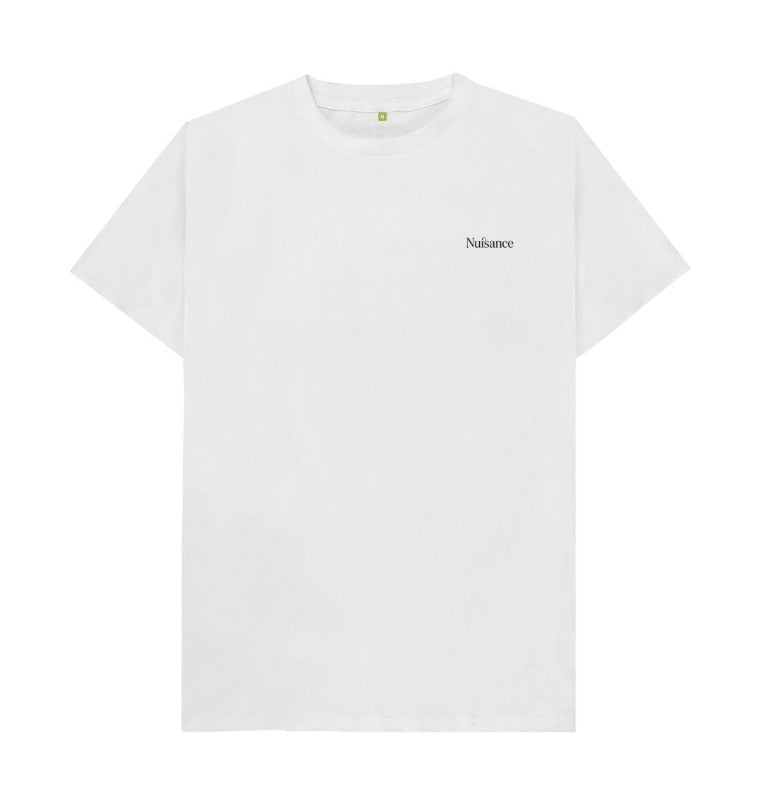 Image of Front face of the Nuisance T-shirt in white colour with a small Nuisance Logo.