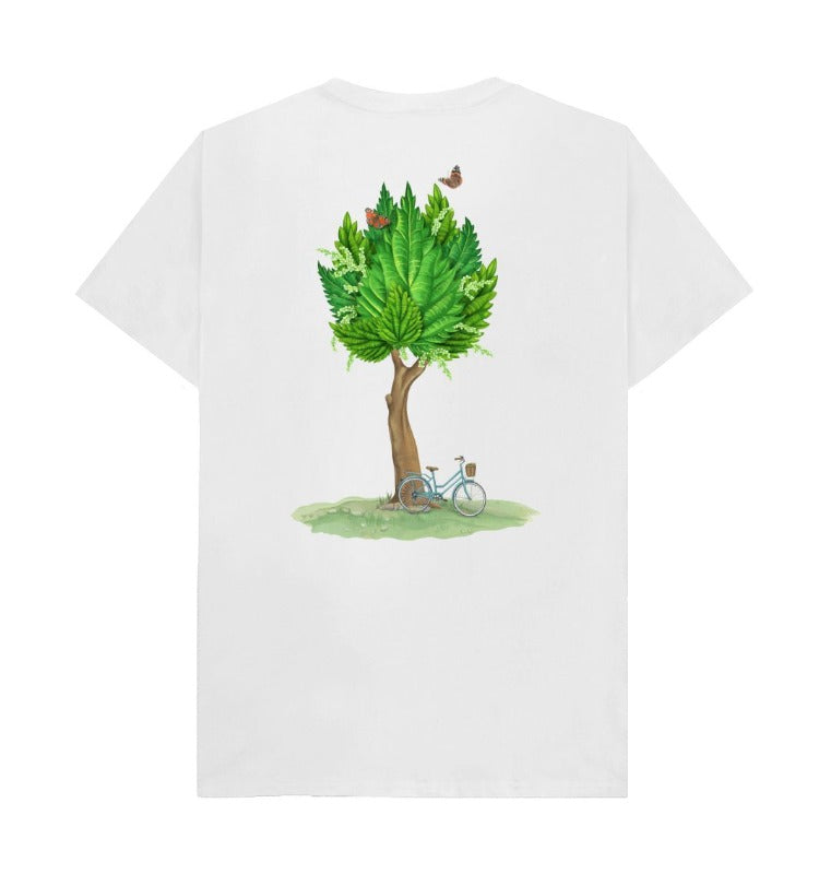 Image of the back face of Nuisance Nettle T-shirt in white colour with the artwork from the Nuisance premium nettle and elderflower botanical drink