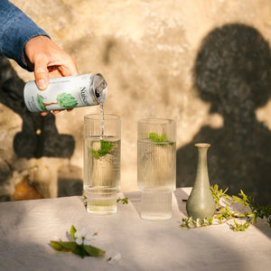 Nuisance drinks natural, low-calorie, low-sugar premium Mint, cucumber & Chilli  botanical soft drink served in a cold glass over brunch